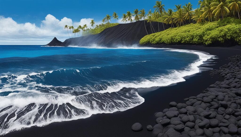 Formation volcanique du sable noir à Hawaï Formation volcanique du sable noir à Hawaï